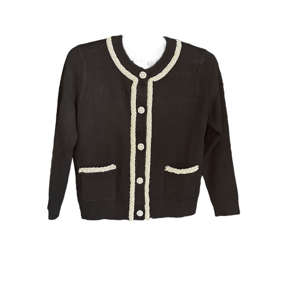 Sioni Black Cardigan Gold Braided Trim & Ornate Faux Pearl Buttons Size Medium - Picture 2 of 7